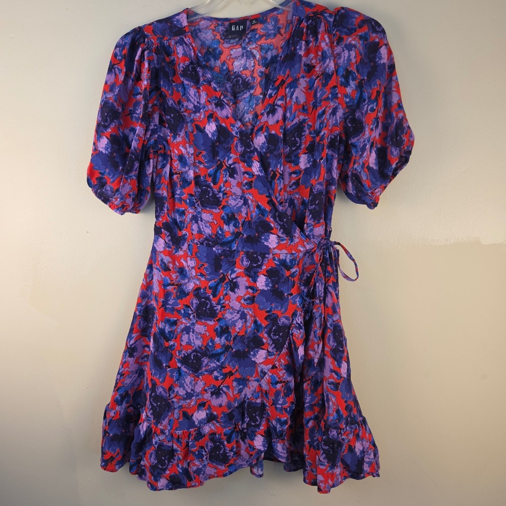 GAP Womens Floral Puff Short Sleeve Ruffle Hem Wrap Mini Dress Blue Purple Red M